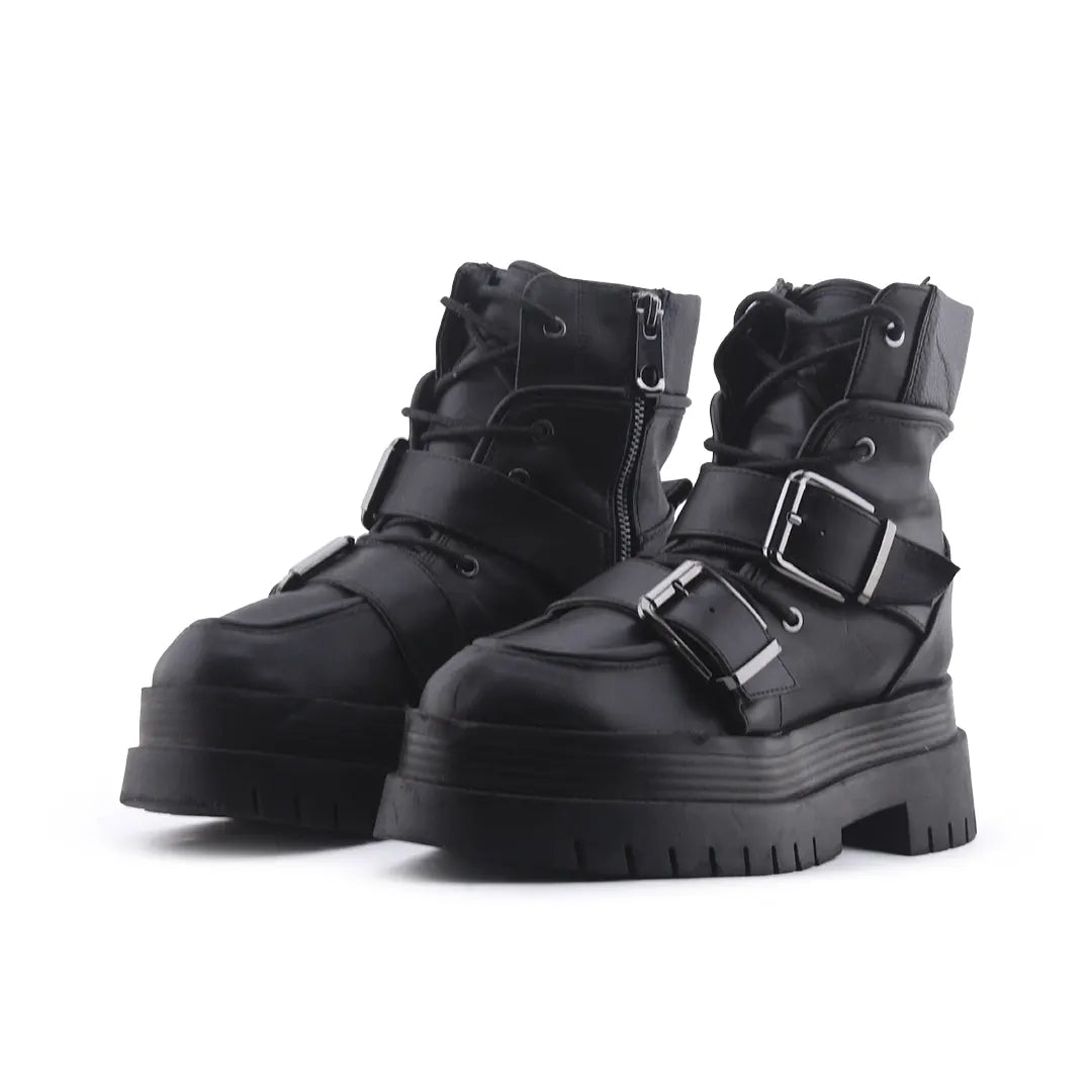 Bershka Zipper Buckle Strap Lace Up Ankle Boot | 100% Authentic Leather