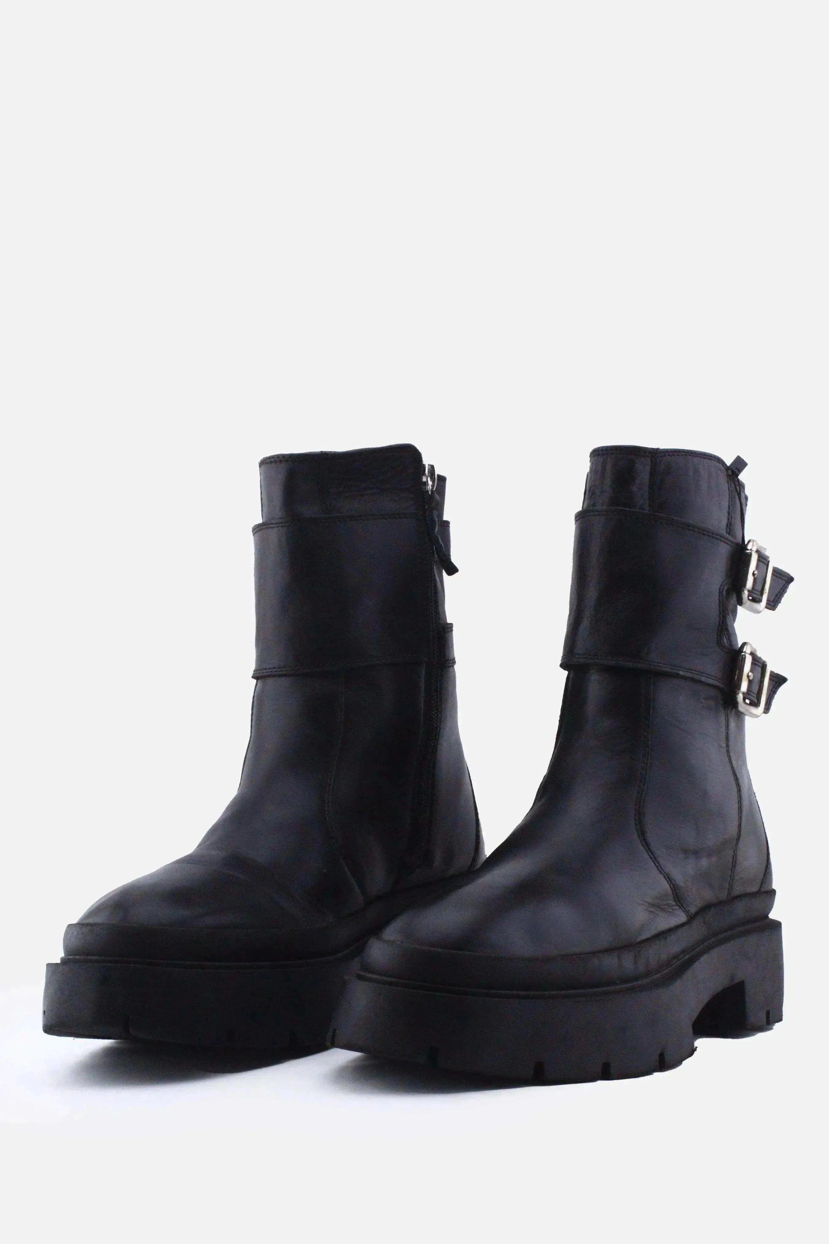 Zara Zipper Buckle Straps Combat Ankle Boots | 100% Authentic Leather