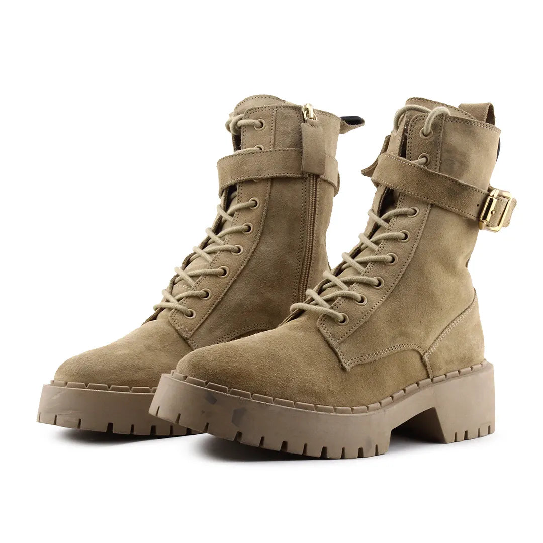 Zara Zipper Lace Up Buckle Strap Suede Ankle Boot