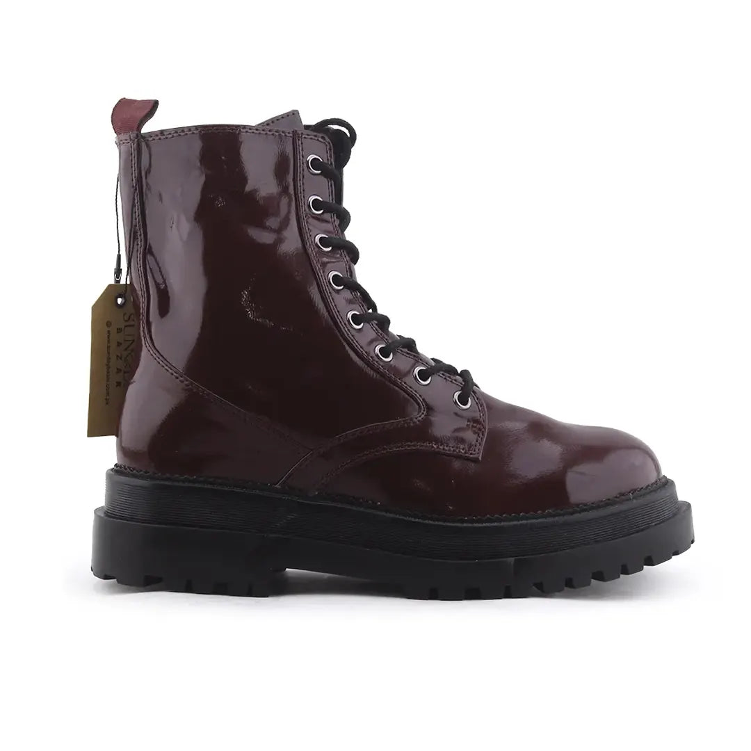 Stradivarius Zipper Lace Up Patent Ankle Boot