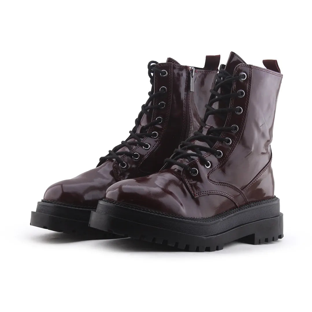 Stradivarius Zipper Lace Up Patent Ankle Boot