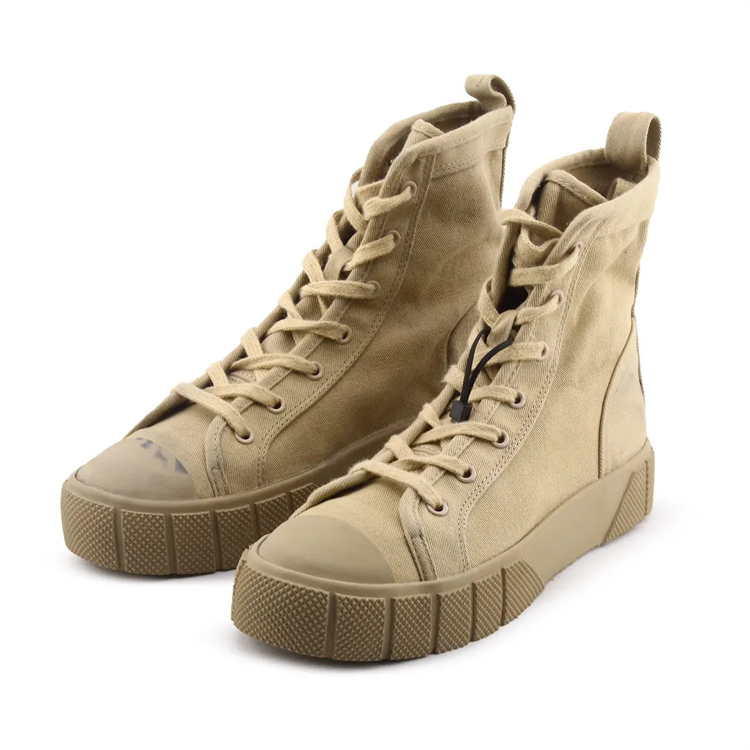 Zara Women's Boots High Top Plarform Combat Beige Fabric Lace Up