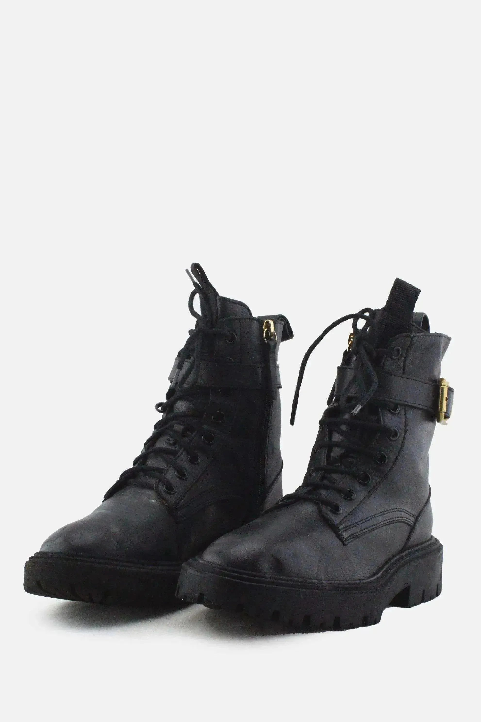 Zara Zipper Laces Buckle Straps Combat Ankle Boots | 100% Authentic Leather - sundaybazar