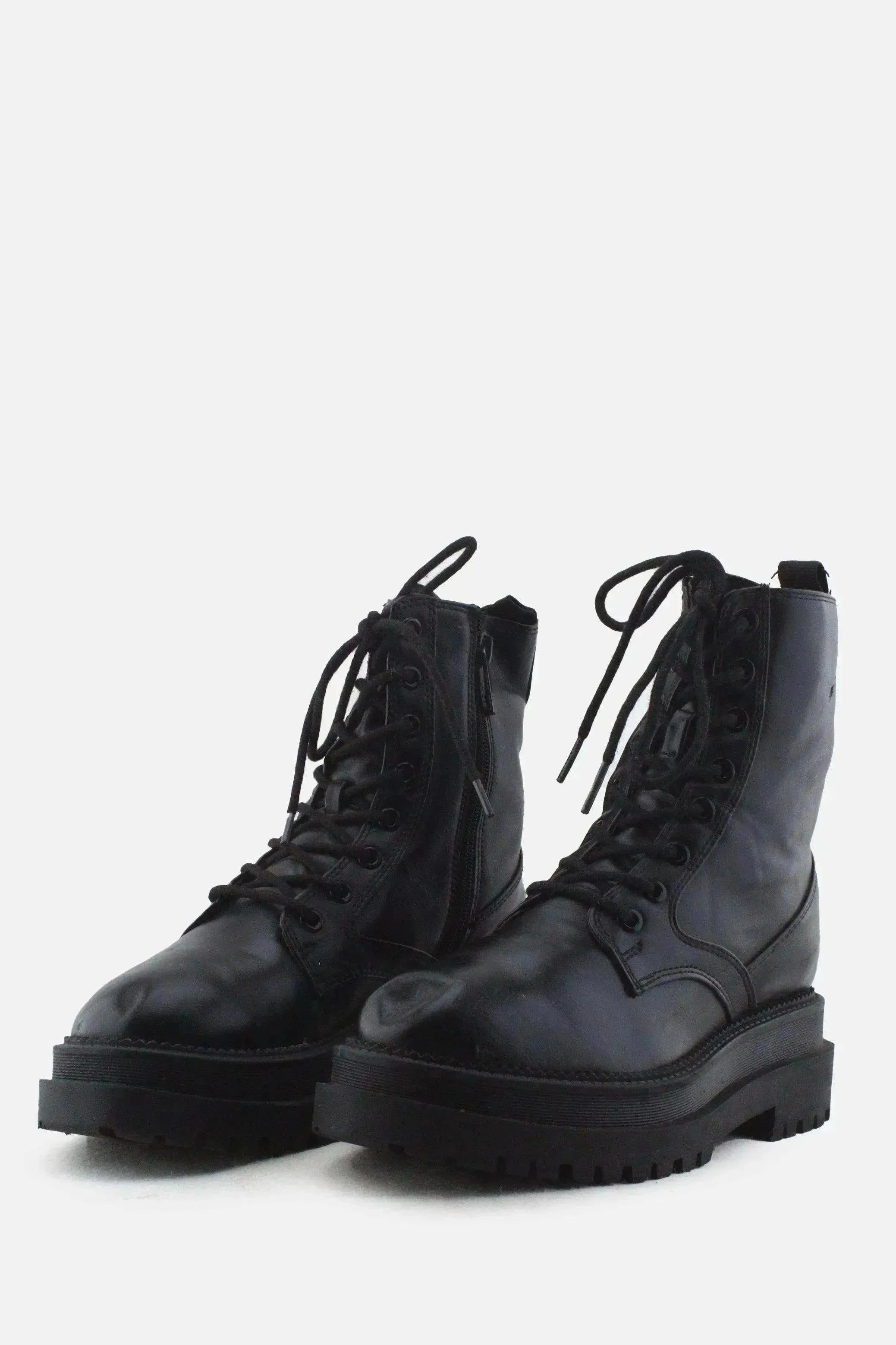Stradivarius Zipper Laces Combat Ankle Boots | 100% Authentic Leather - sundaybazar