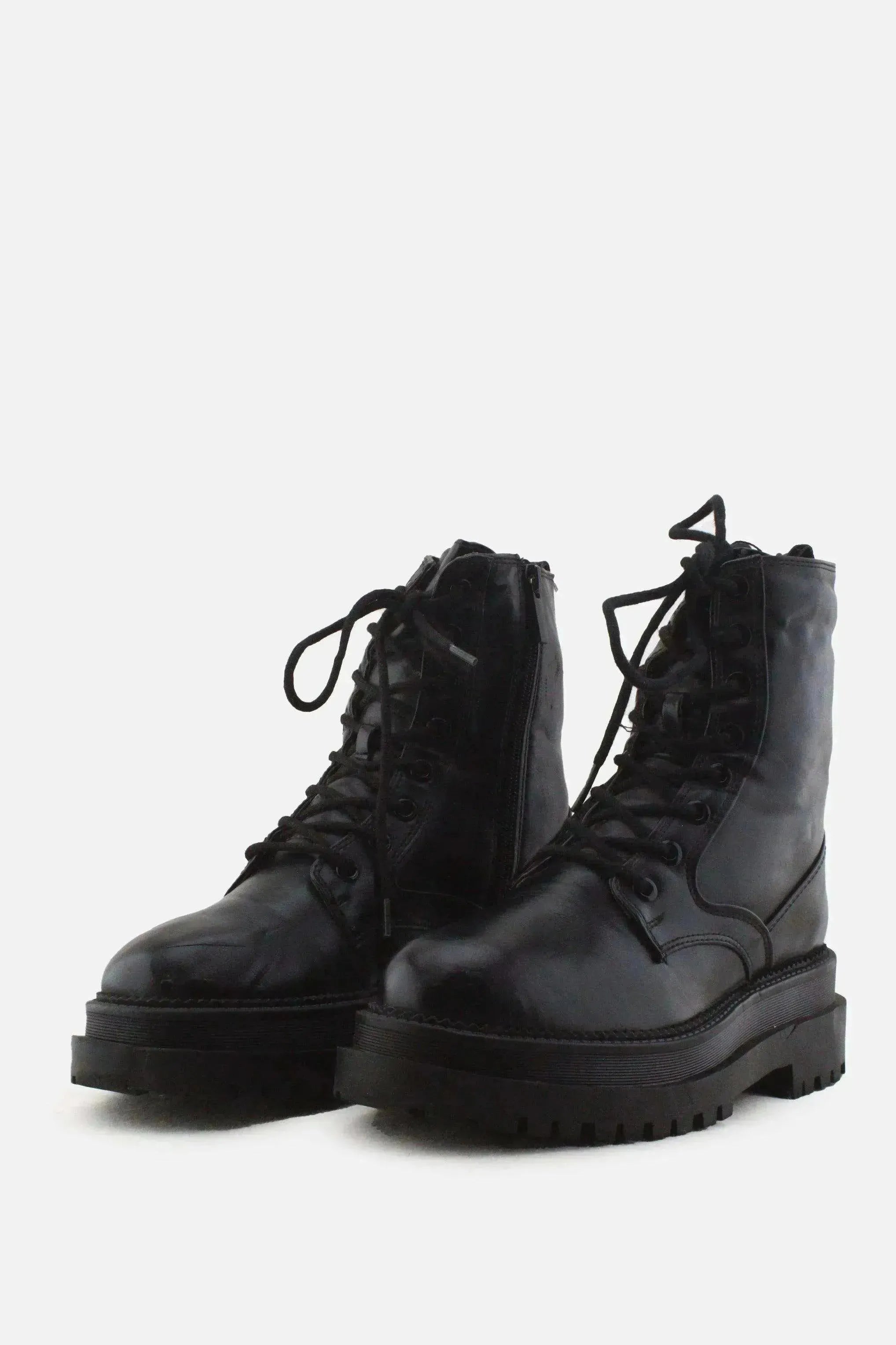 Stradivarius Zipper Laces Combat Ankle Boots | 100% Authentic Leather - sundaybazar