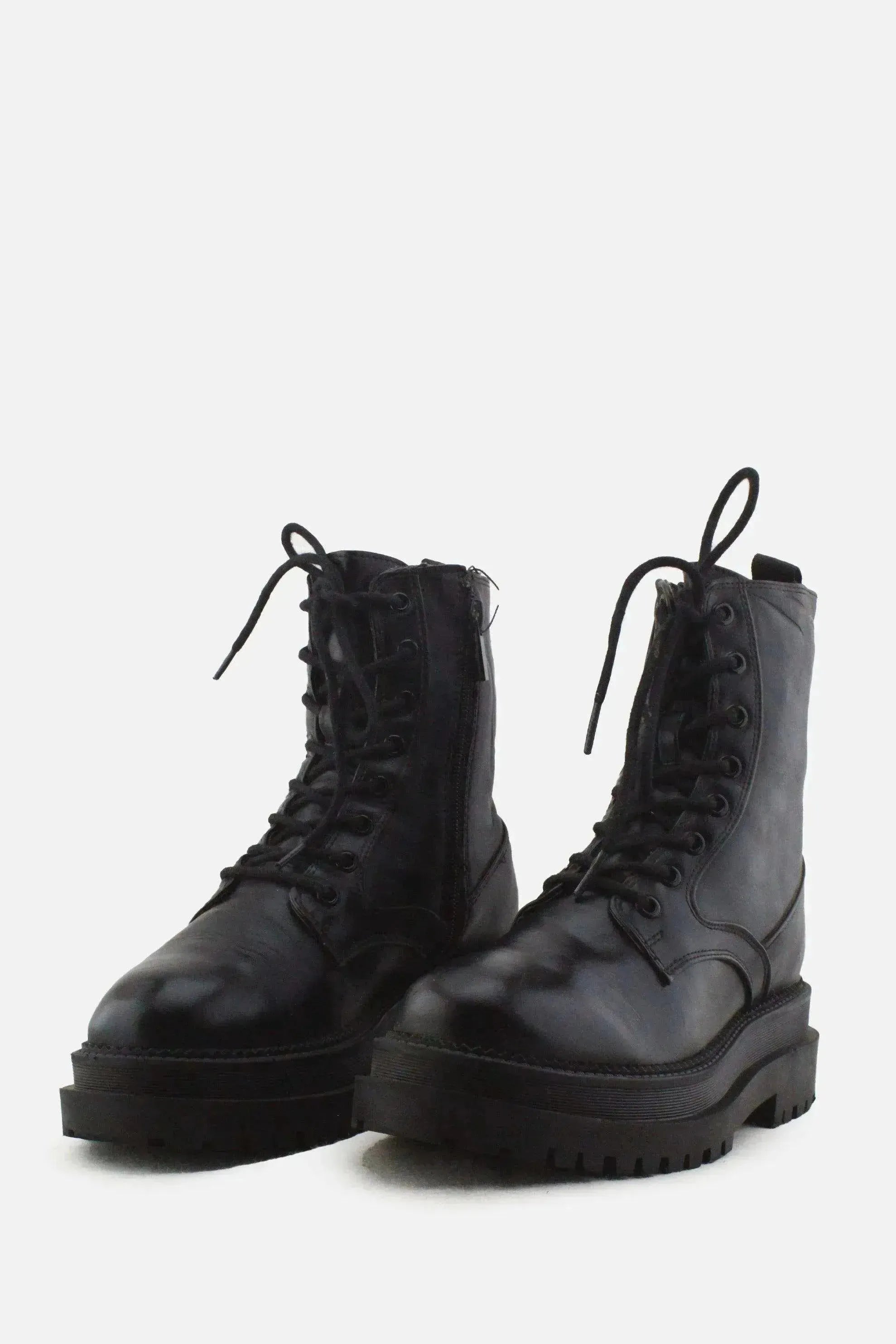 Stradivarius Zipper Laces Combat Ankle Boots | 100% Authentic Leather - sundaybazar