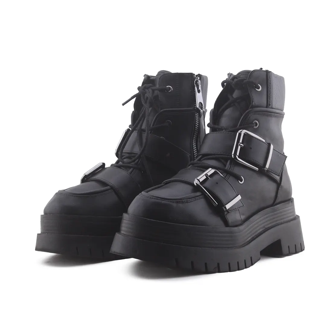 Bershka Zipper Buckle Strap Lace Up Ankle Boot | 100% Authentic Leather