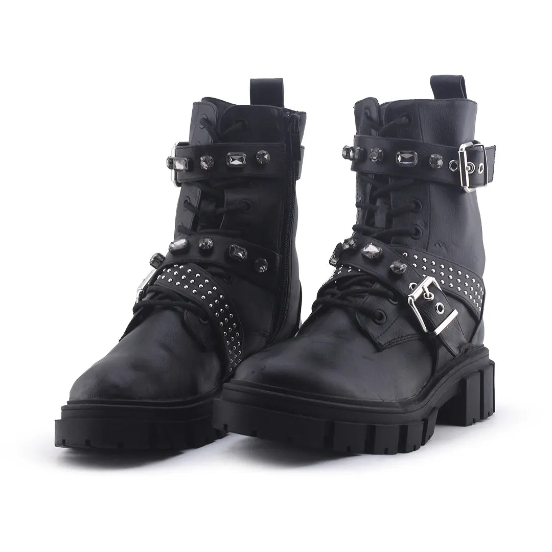 Stradivarius Zipper Buckle Strap Lace Up Ankle Boot | 100% Authentic Leather
