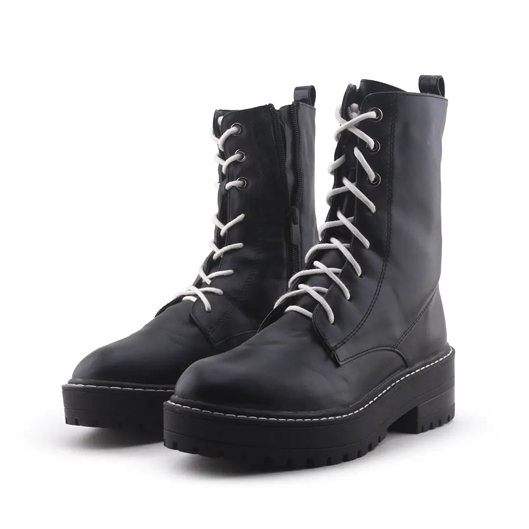 Stradivarius Lace Up Zipper Combat Ankle Boots (100% Authentic Leather)