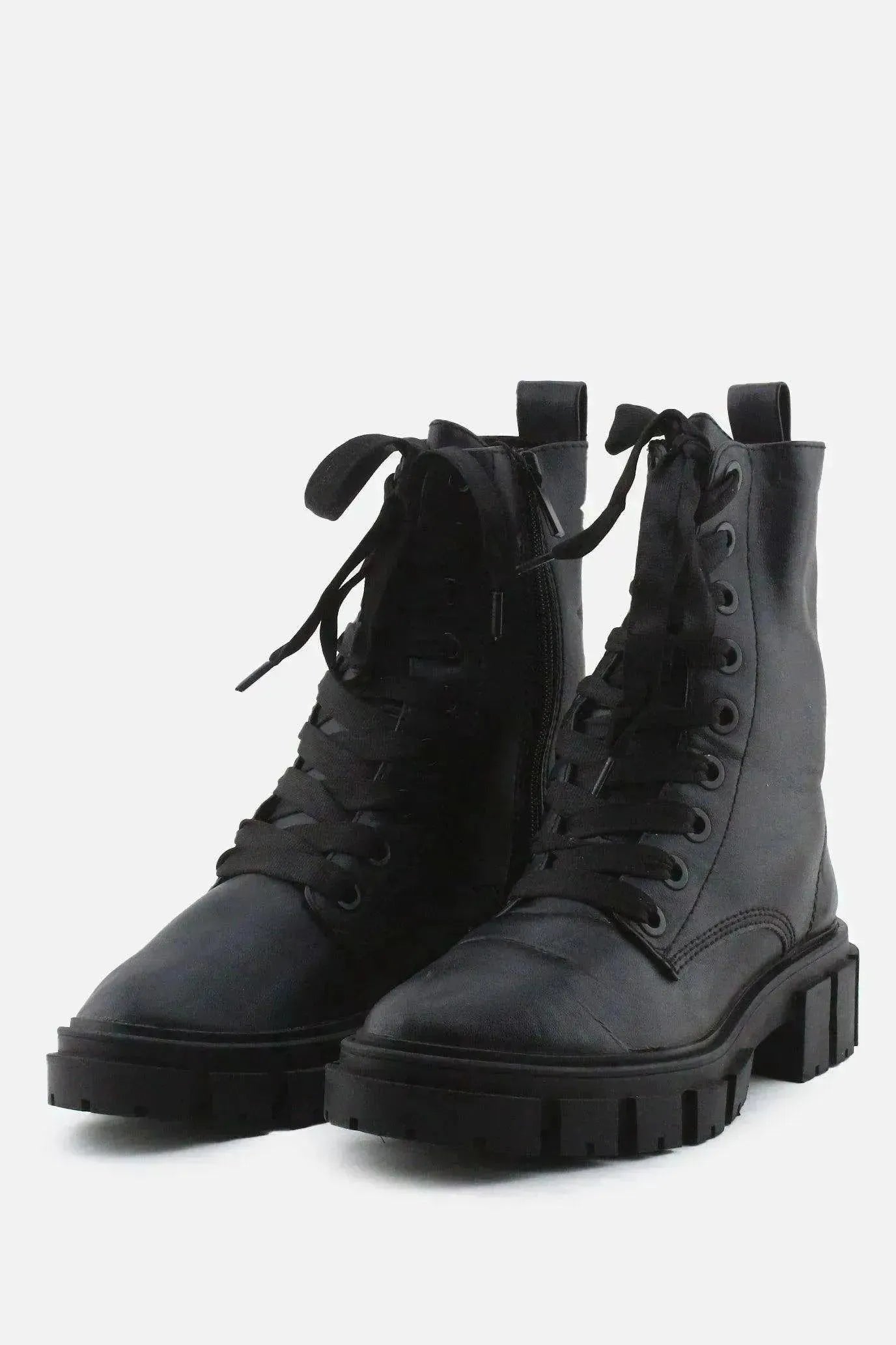 Stradivarius Zipper Laces Combat Ankle Boots | 100% Authentic Leather - sundaybazar