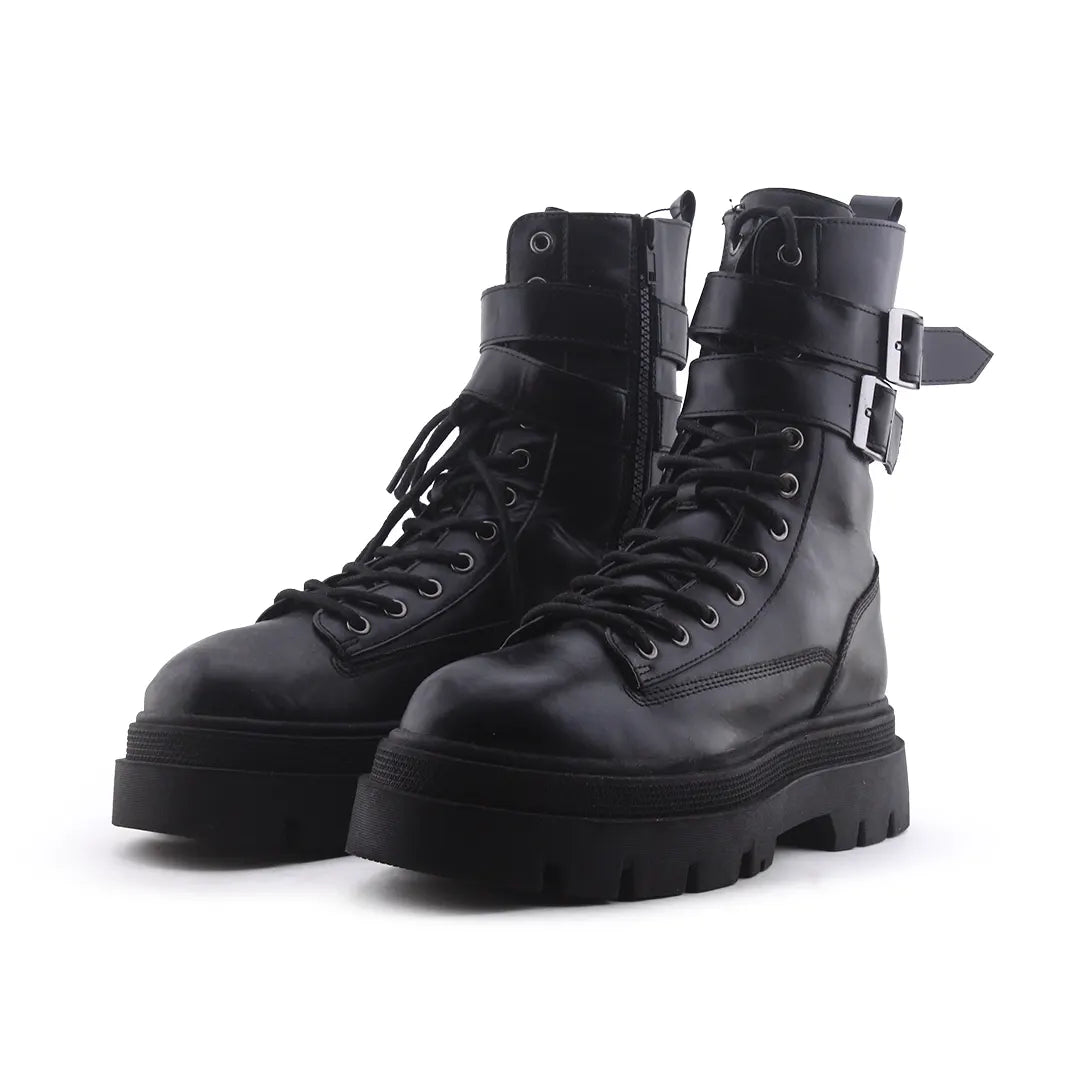 Bershka Zipper Lace Up Buckle Strap Ankle Boot | 100% Authentic Leather