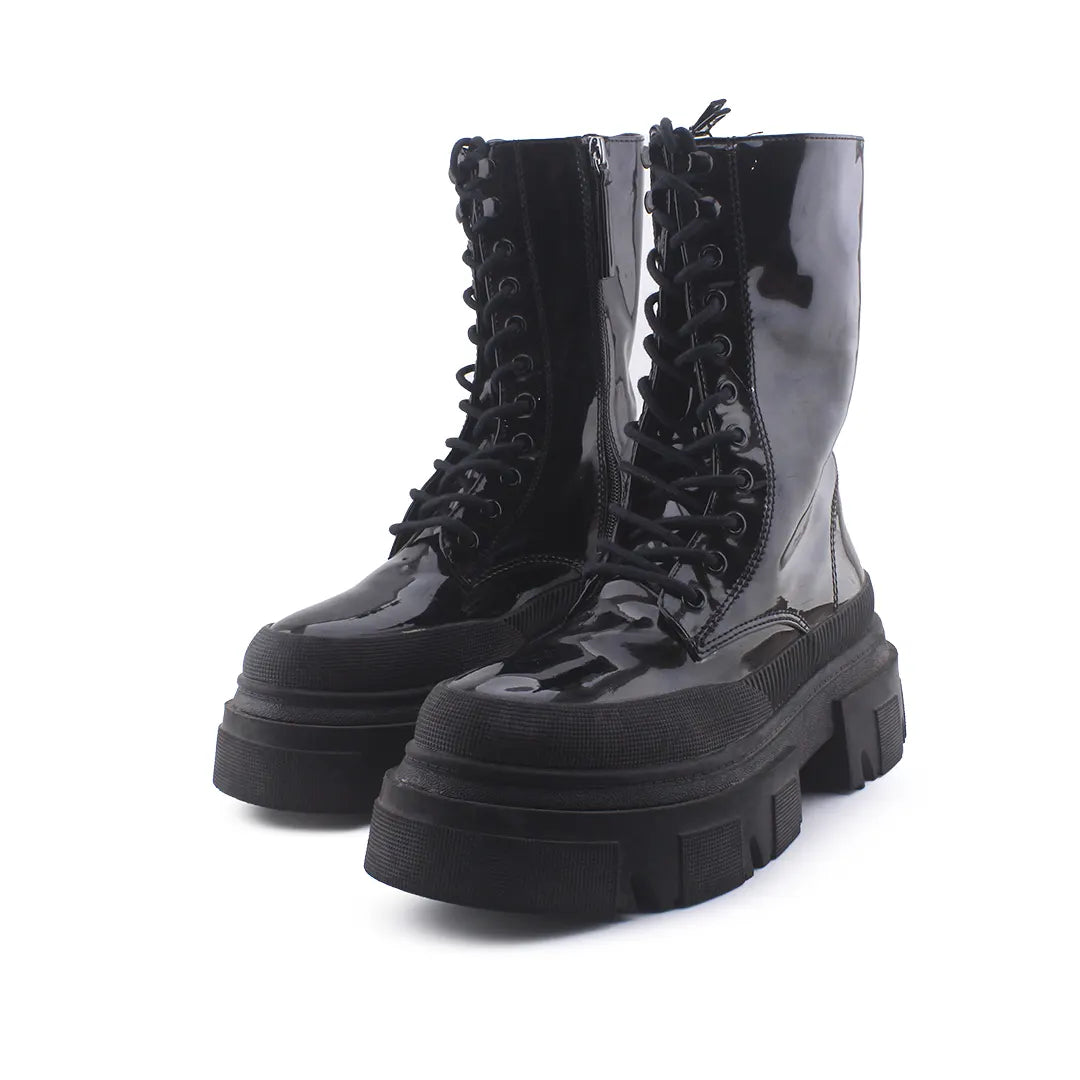 Bershka Zipper Lace Up Patent Combat Ankle Boots (100% Synthetic Leather)