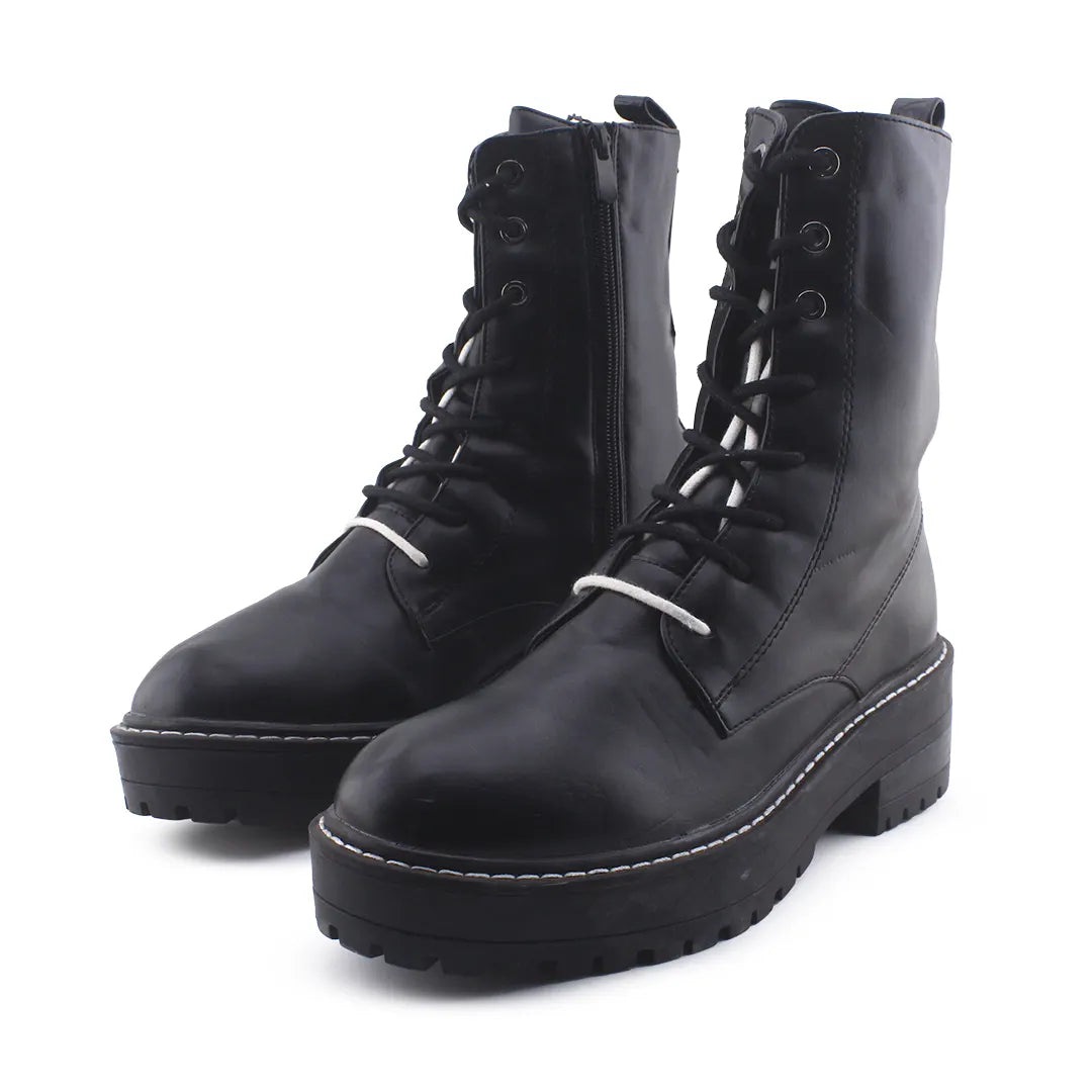 Stradivarius Zipper Lace Up Combat Ankle Boots (100% Authentic Leather)