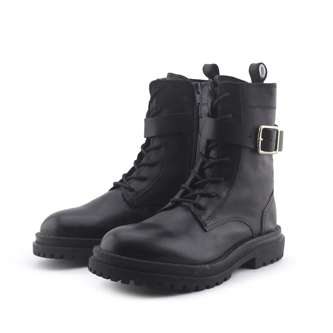 Zara Zipper Buckle Strap Lace Up Combat Ankle Boots (100% Authentic Leather)
