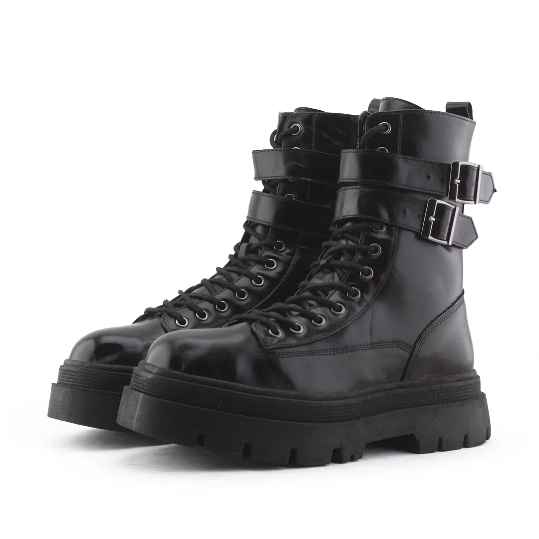 Bershka Zipper Buckle Strap Lace Up Ankle Boot | 100% Authentic Leather