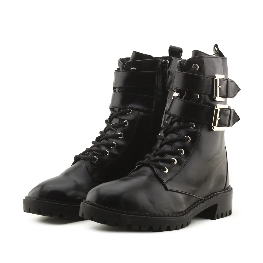 Bershka Zipper Buckle Strap Lace Up Ankle Boot | 100% Authentic Leather
