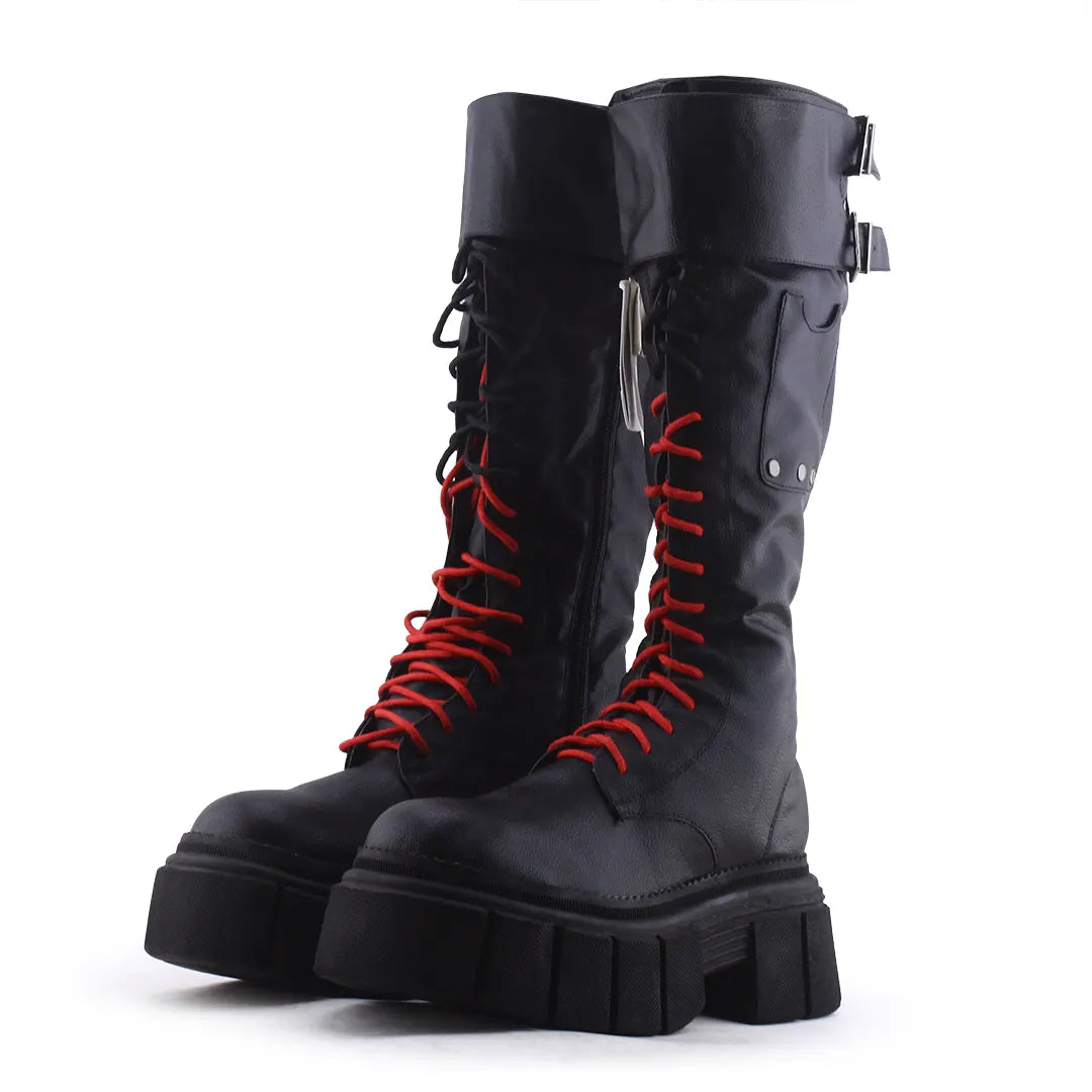 Bershka Zipper Lace Up Buckle Strap Knee High Boot | 100% Authentic Leather