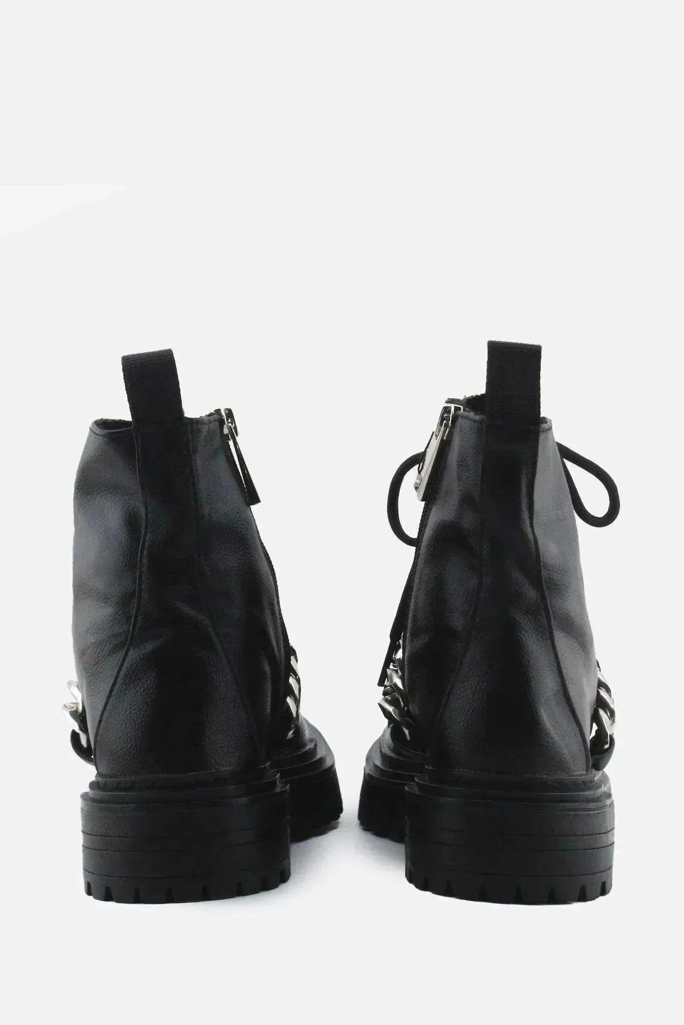 Pull & Bear Zipper Laces Chain Combat Ankle Boots | 100% Authentic Leather - sundaybazar
