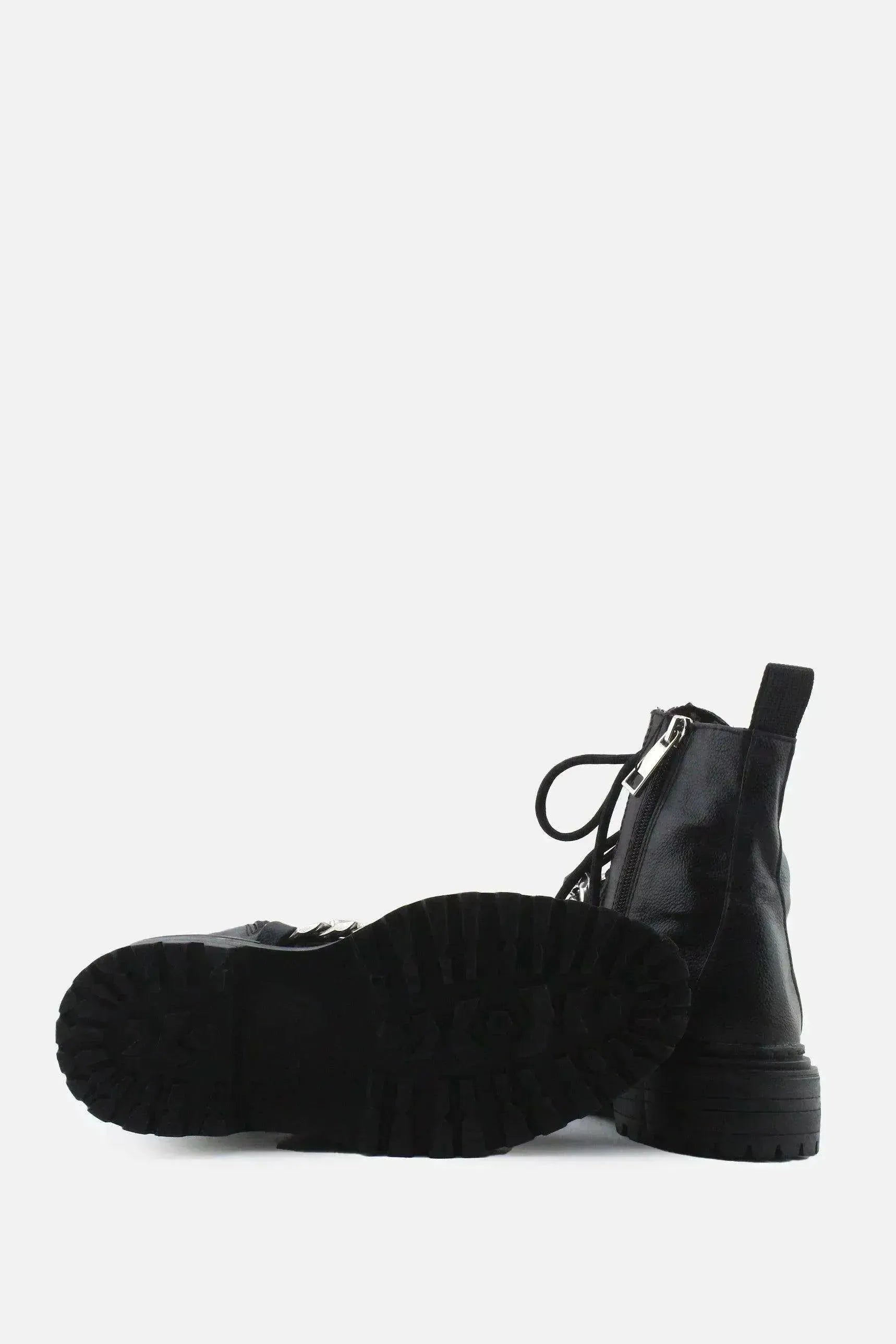 Pull & Bear Zipper Laces Chain Combat Ankle Boots | 100% Authentic Leather - sundaybazar