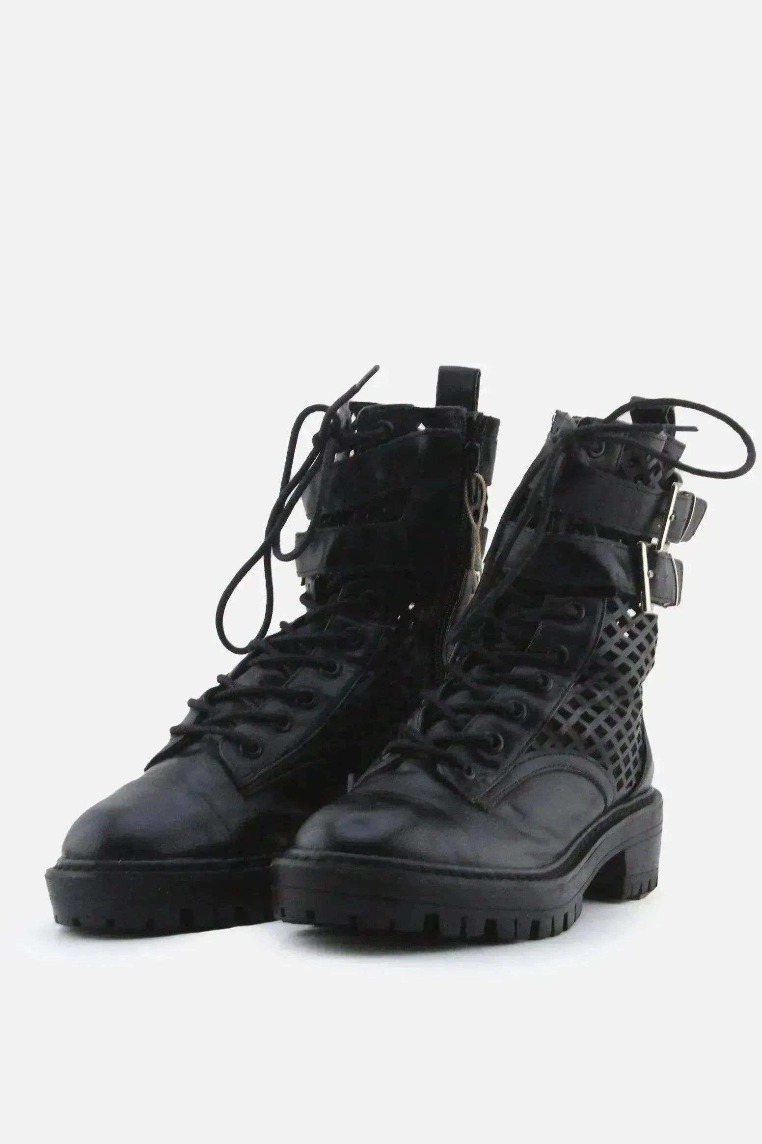 Stradivarius Zipper Laces Buckle Straps Combat Ankle Boots | 100% Authentic Leather - sundaybazar