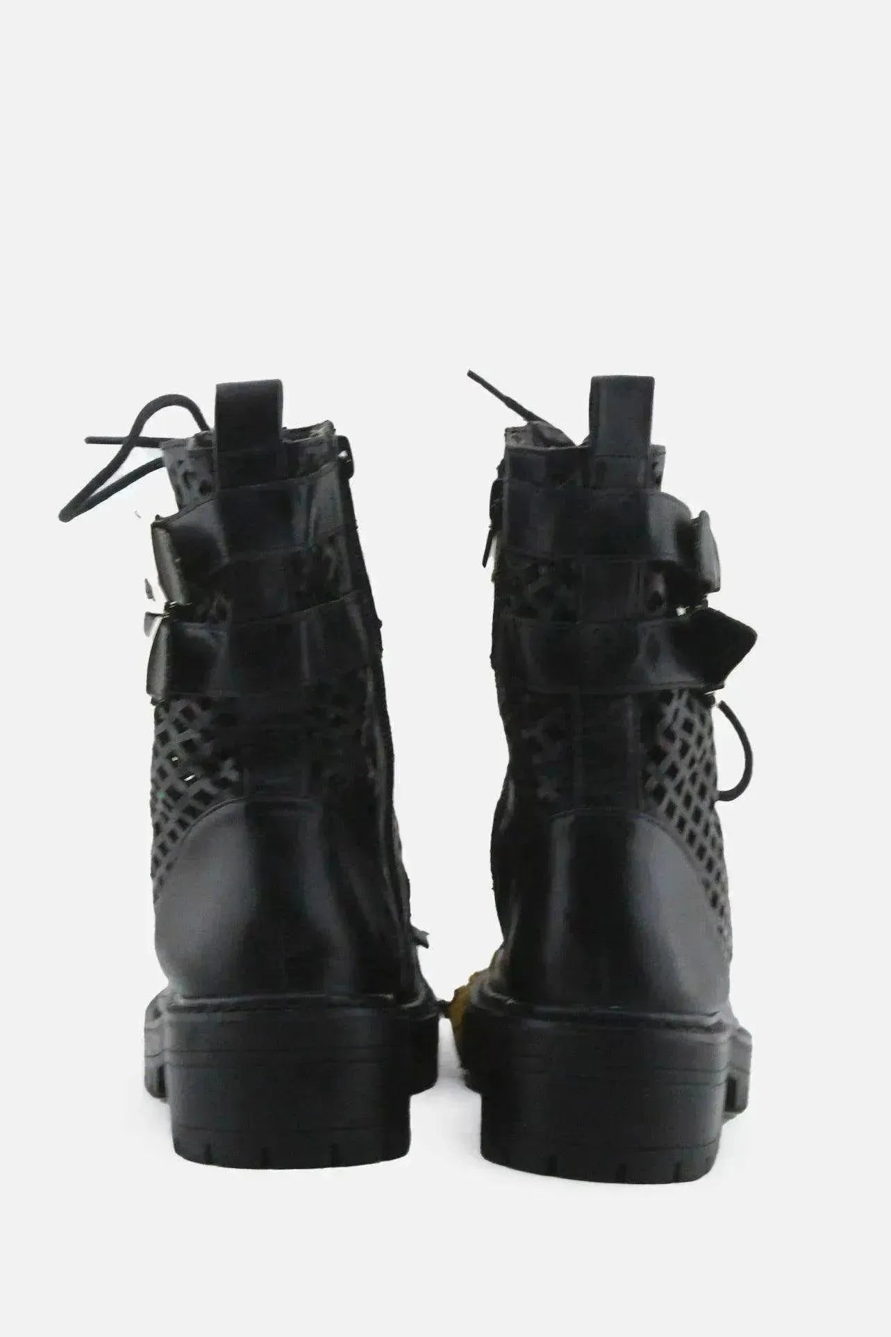 Stradivarius Zipper Laces Buckle Straps Combat Ankle Boots | 100% Authentic Leather - sundaybazar