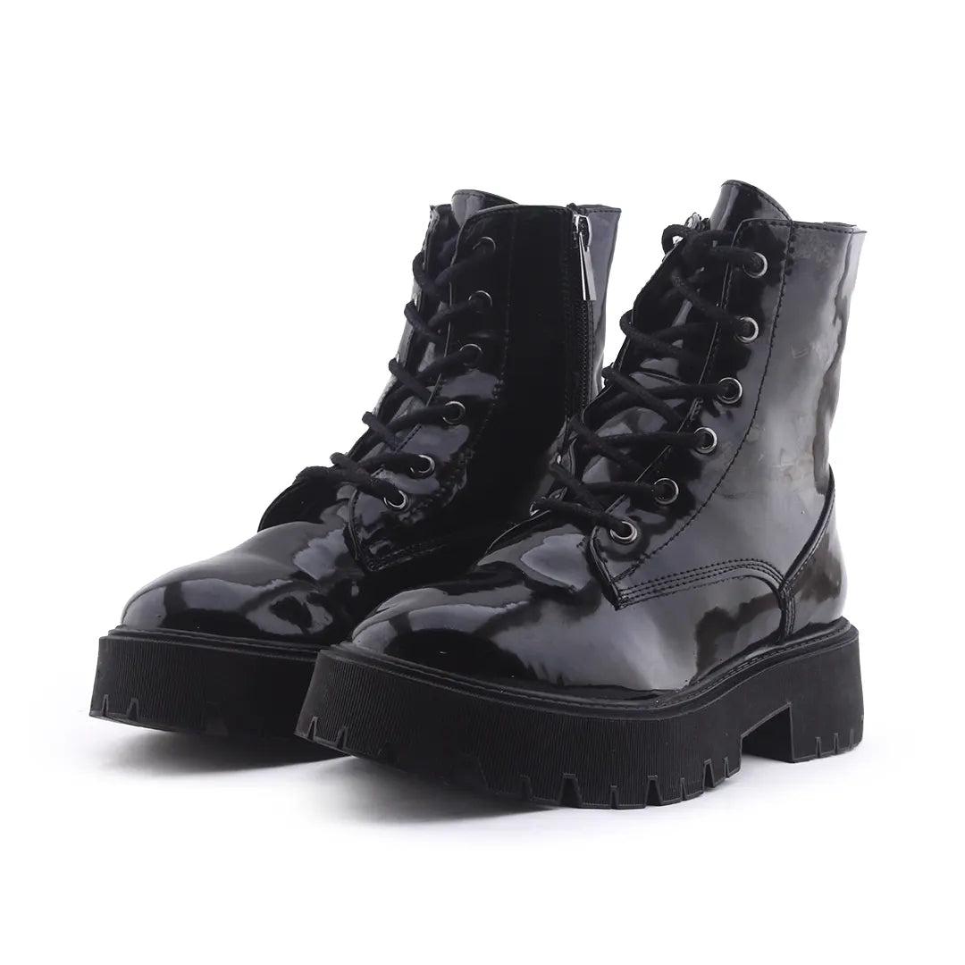 Bershka Zipper Lace Up Patent Ankle Boot