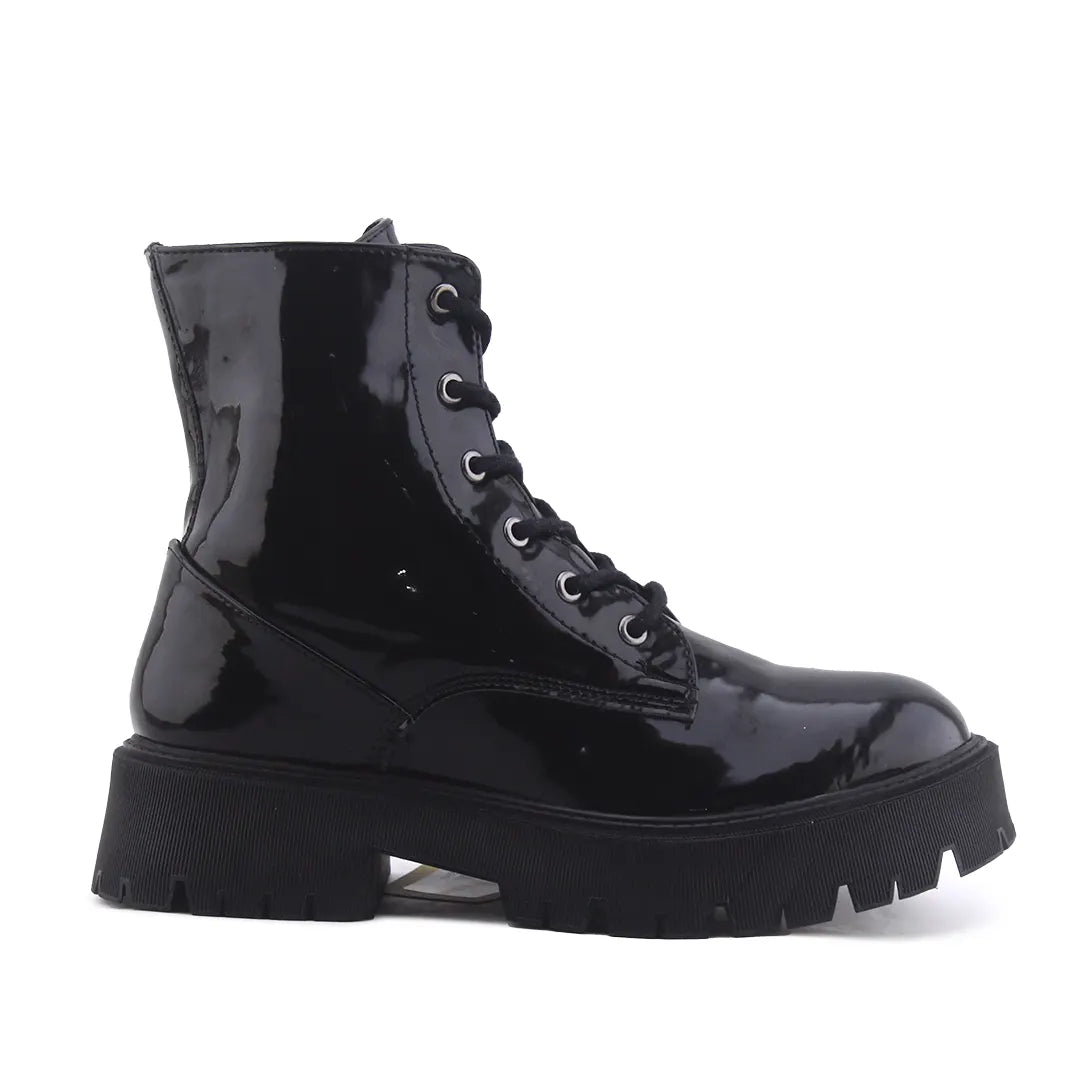 Bershka Zipper Lace Up Patent Ankle Boot