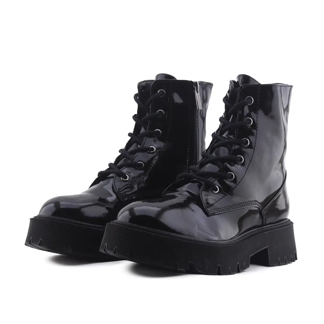 Bershka Zipper Lace Up Patent Ankle Boot