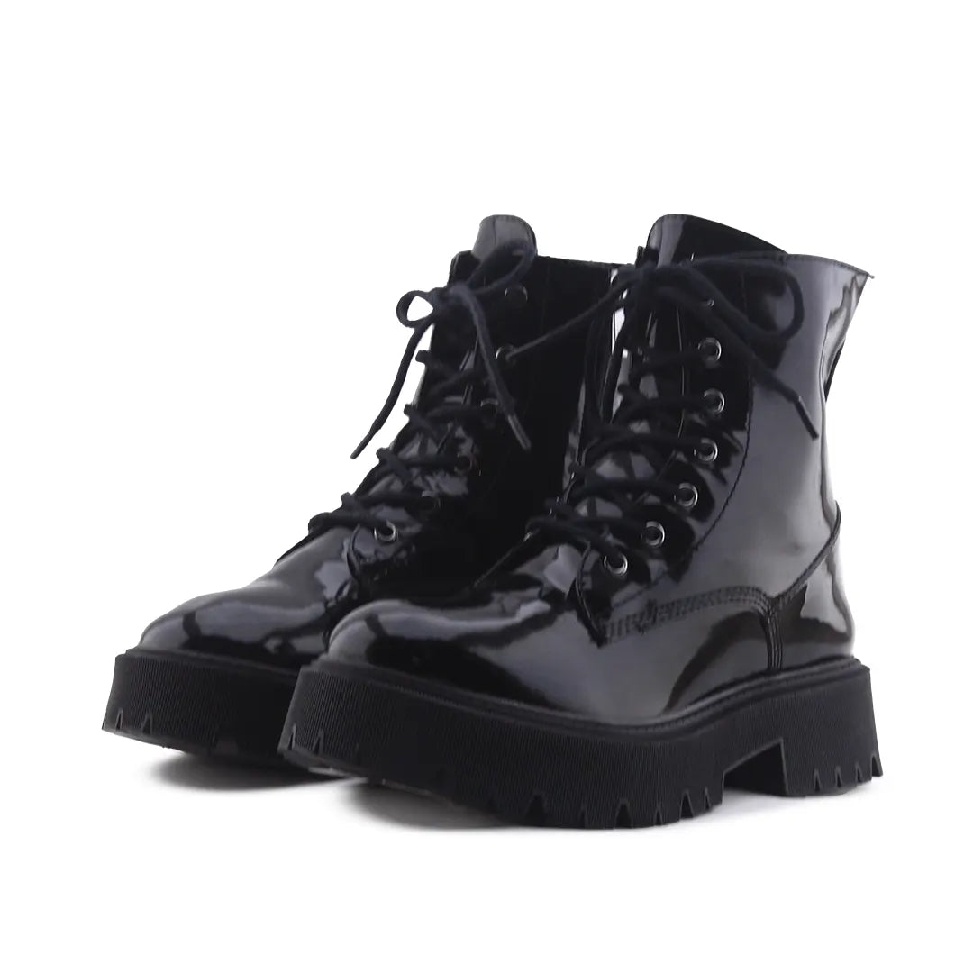 Bershka Zipper Lace Up Patent Ankle Boot