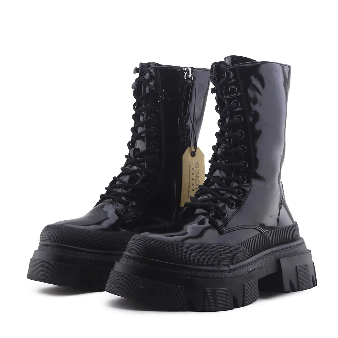 Bershka Zipper Lace Up Patent Ankle Boot