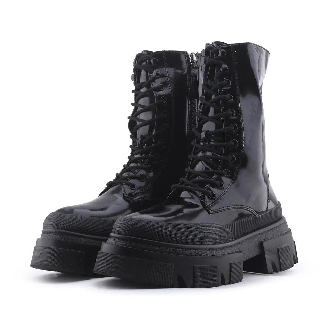 Bershka Zipper Lace Up Patent Ankle Boot