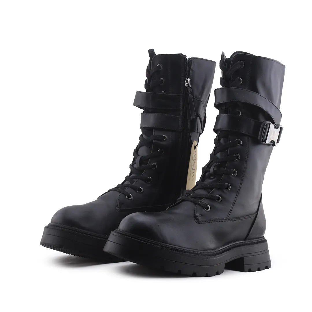 Bershka Zipper Buckle Strap Lace Up Ankle Boot | 100% Authentic Leather