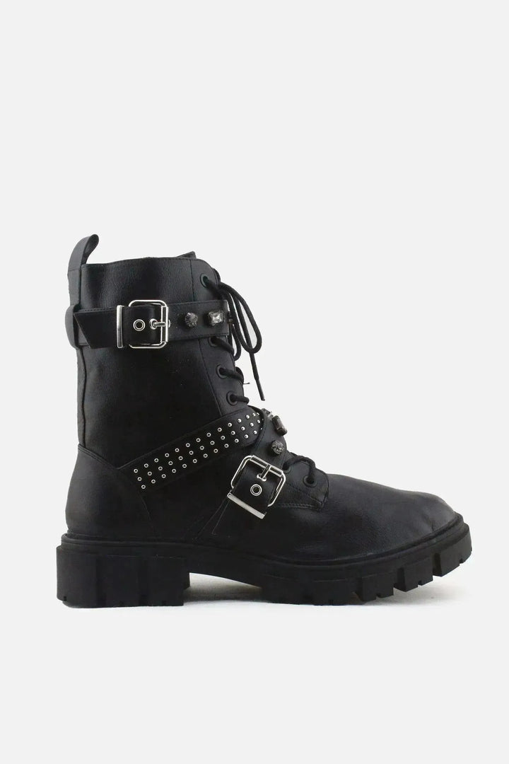 Stradivarius Zipper Laces Studs Buckle Straps Ankle Boots | 100% Authentic Leather - sundaybazar