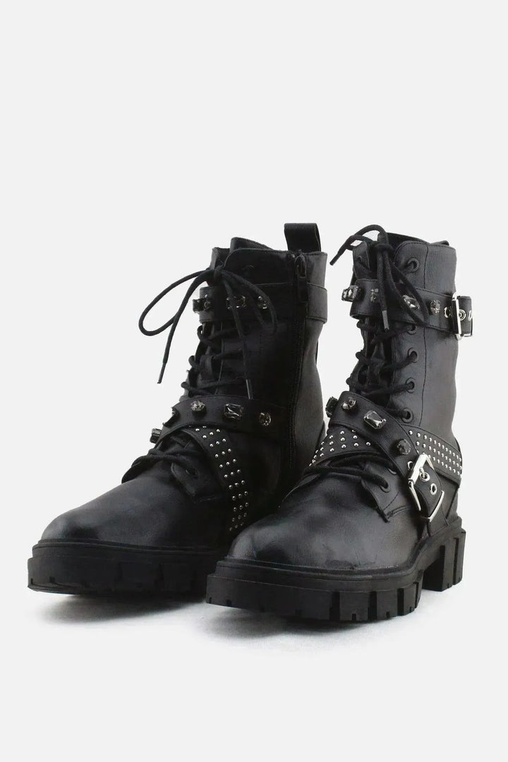 Stradivarius Zipper Laces Studs Buckle Straps Ankle Boots | 100% Authentic Leather - sundaybazar