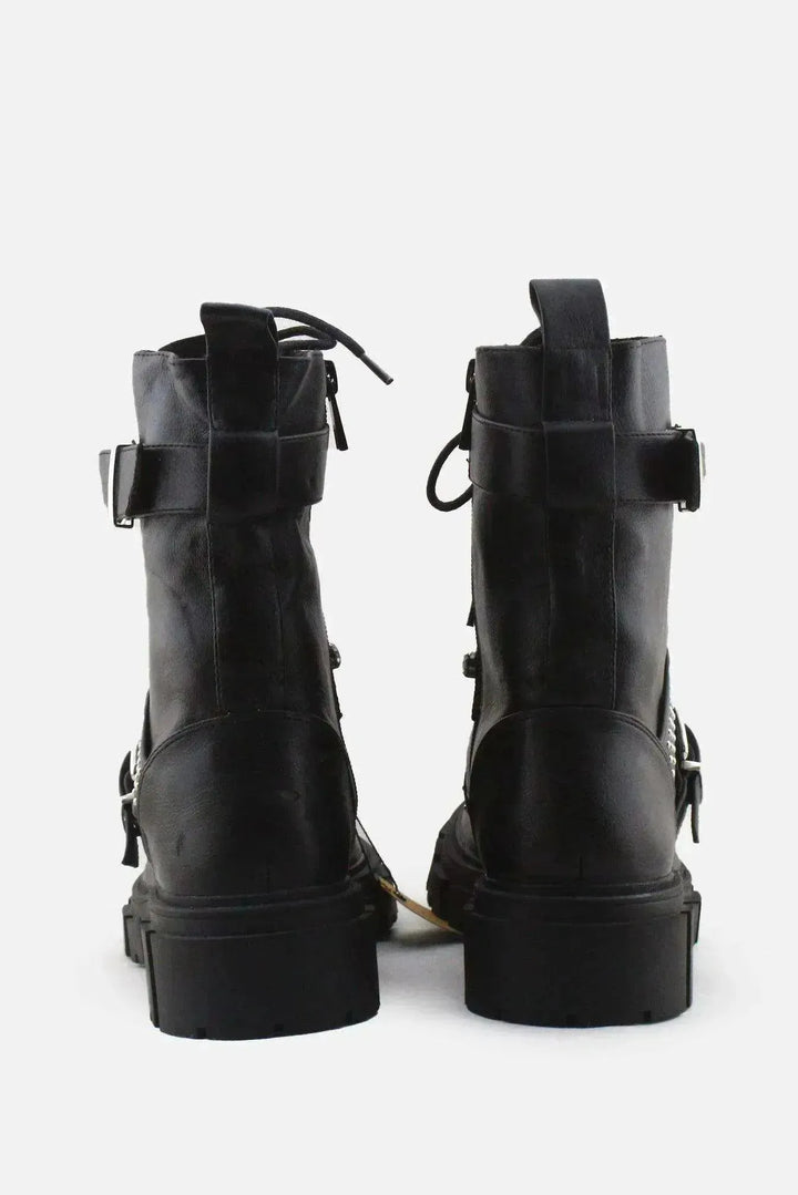 Stradivarius Zipper Laces Studs Buckle Straps Ankle Boots | 100% Authentic Leather - sundaybazar
