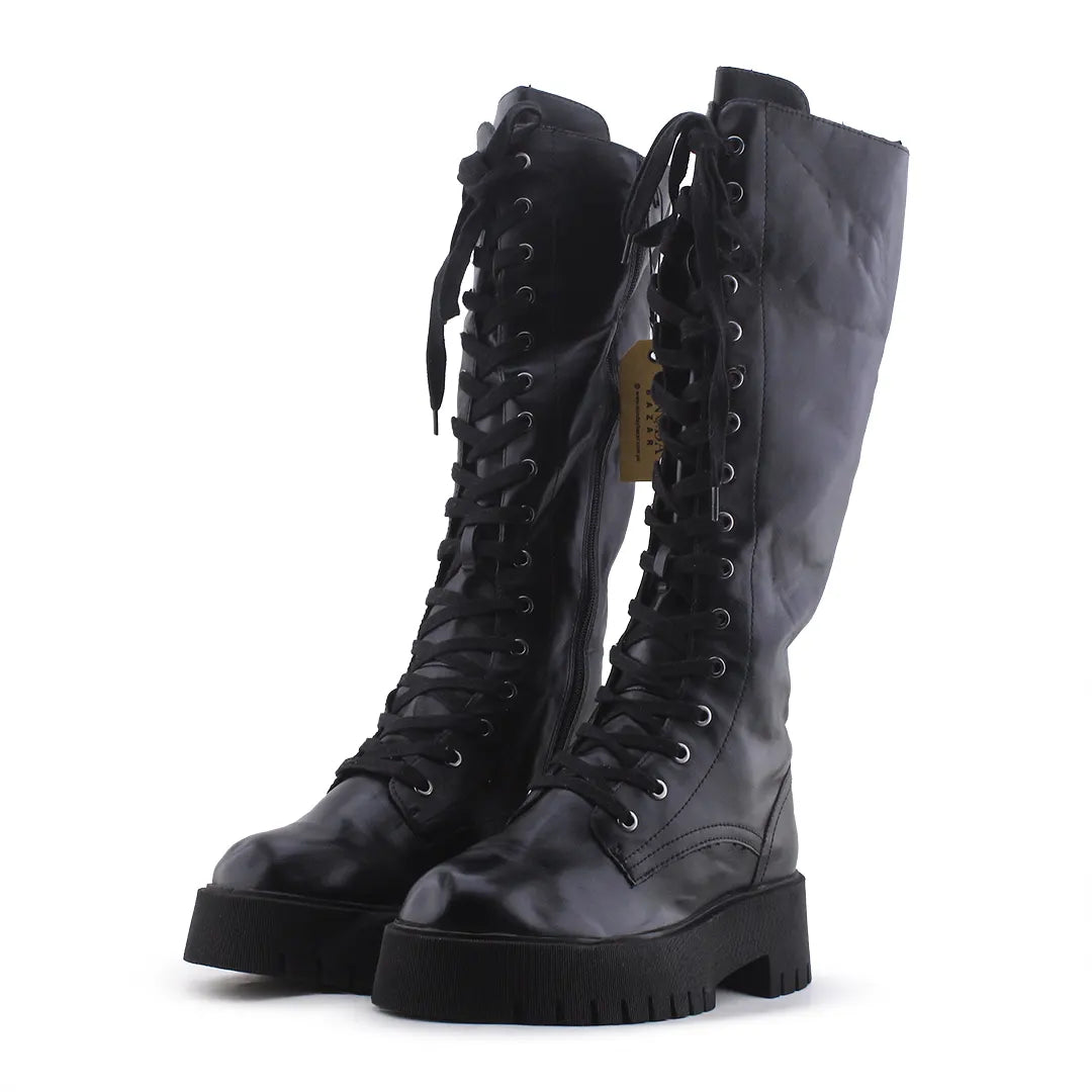 Stradivarius Zipper Lace Up Knee High Boot | 100% Authentic Leather