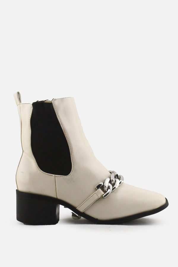 Bamboo Zipper Stretchable Chain Block Heels Ankle Boots | 100% Synthetic Leather