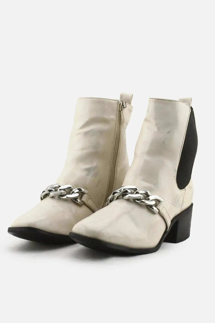 Bamboo Zipper Stretchable Chain Block Heels Ankle Boots | 100% Synthetic Leather - sundaybazar