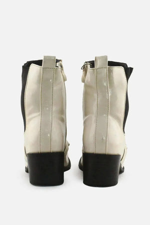Bamboo Zipper Stretchable Chain Block Heels Ankle Boots | 100% Synthetic Leather - sundaybazar