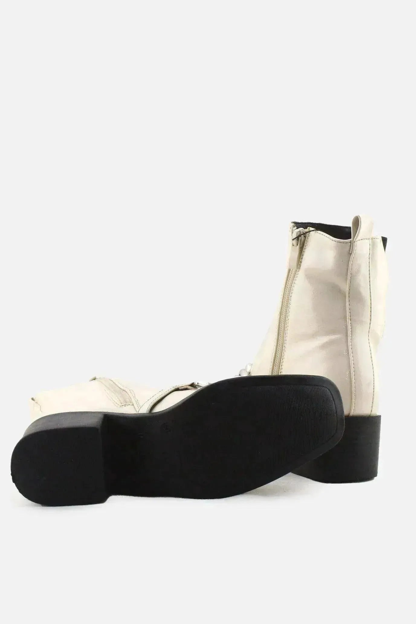 Bamboo Zipper Stretchable Chain Block Heels Ankle Boots | 100% Synthetic Leather - sundaybazar