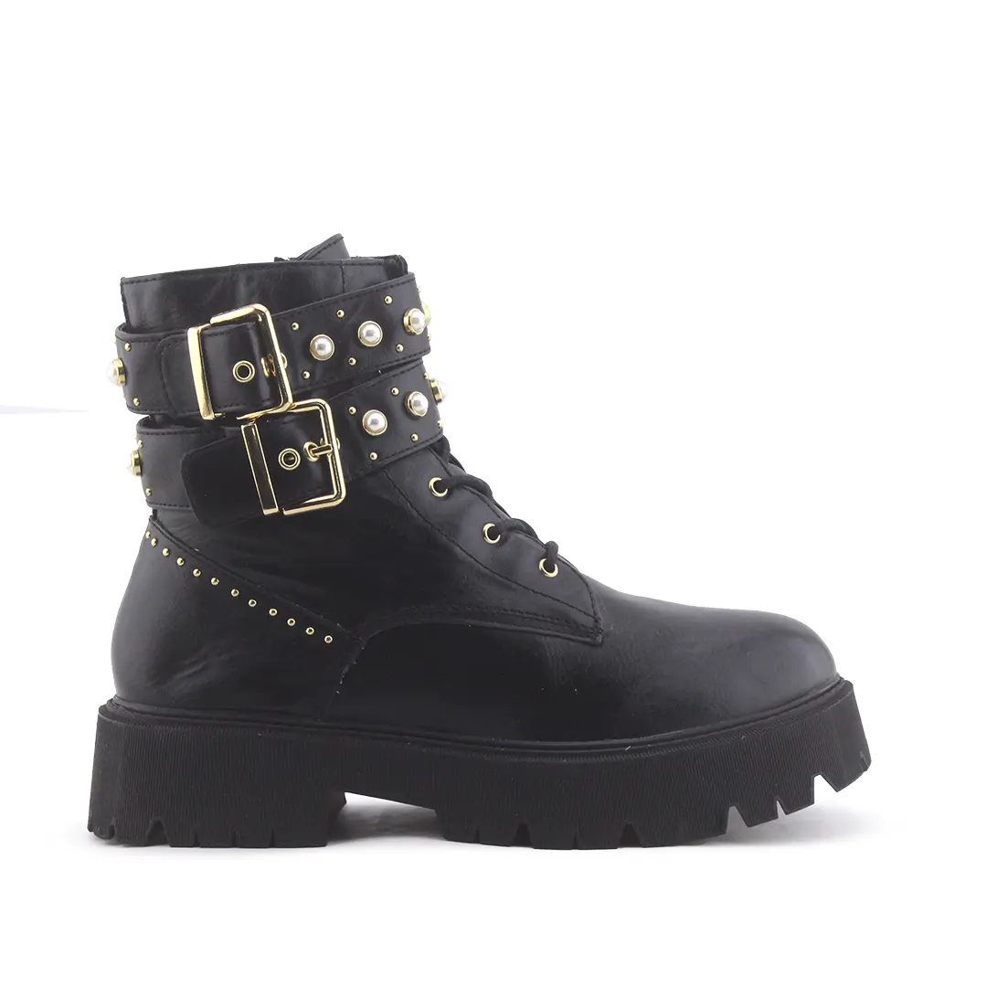 Bershka Zipper Buckle Strap Lace Up Ankle Boot | 100% Authentic Leather