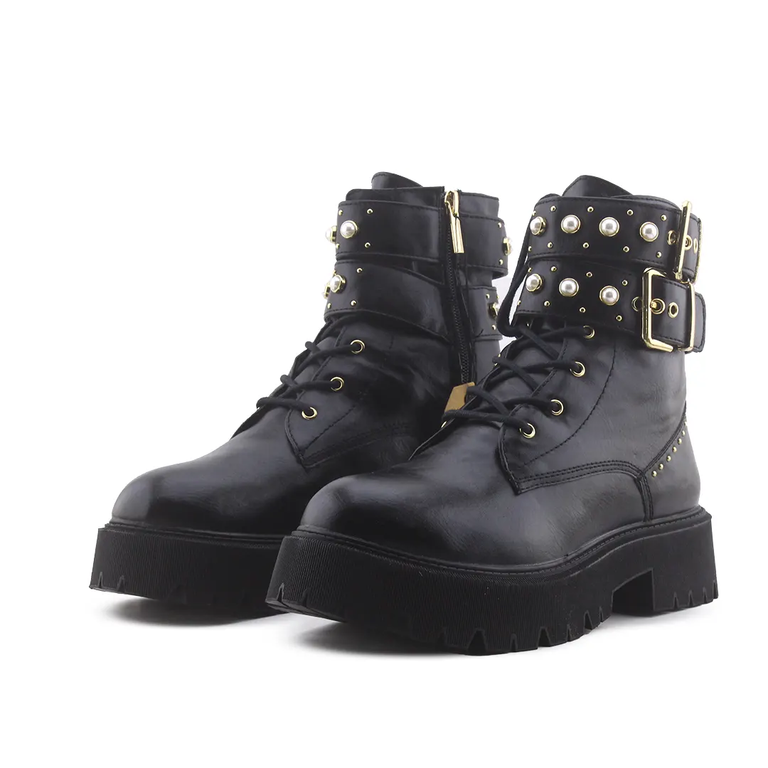Bershka Zipper Buckle Strap Lace Up Ankle Boot | 100% Authentic Leather