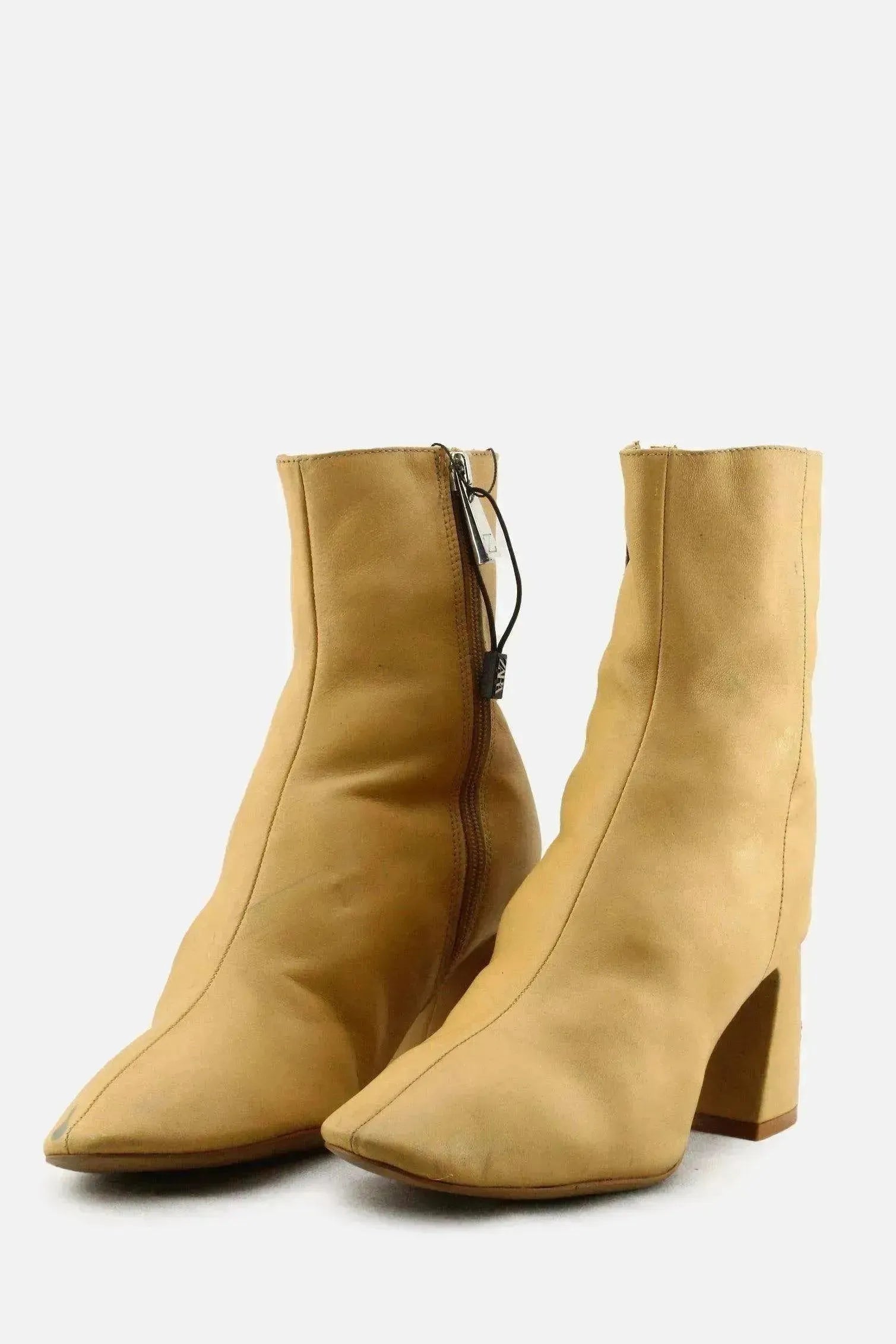 Zara Zipper Block Heels Ankle Boots | 100% Authentic Leather - sundaybazar