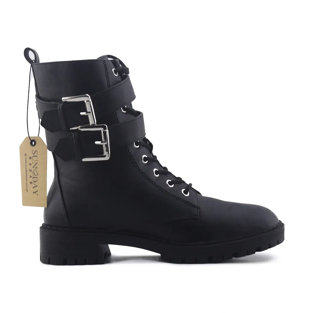 Bershka Zipper Buckle Strap Lace Up Ankle Boot | 100% Authentic Leather