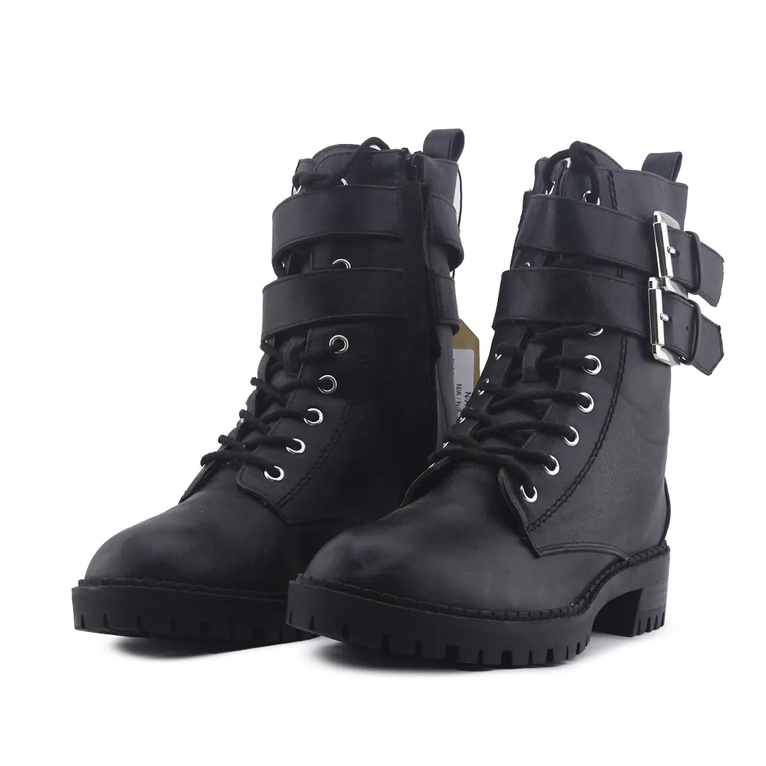 Bershka Zipper Buckle Strap Lace Up Ankle Boot | 100% Authentic Leather