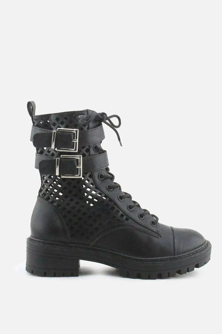 Stradivarius Zipper Laces Buckle Straps Combat Ankle Boots | 100% Authentic Leather - sundaybazar