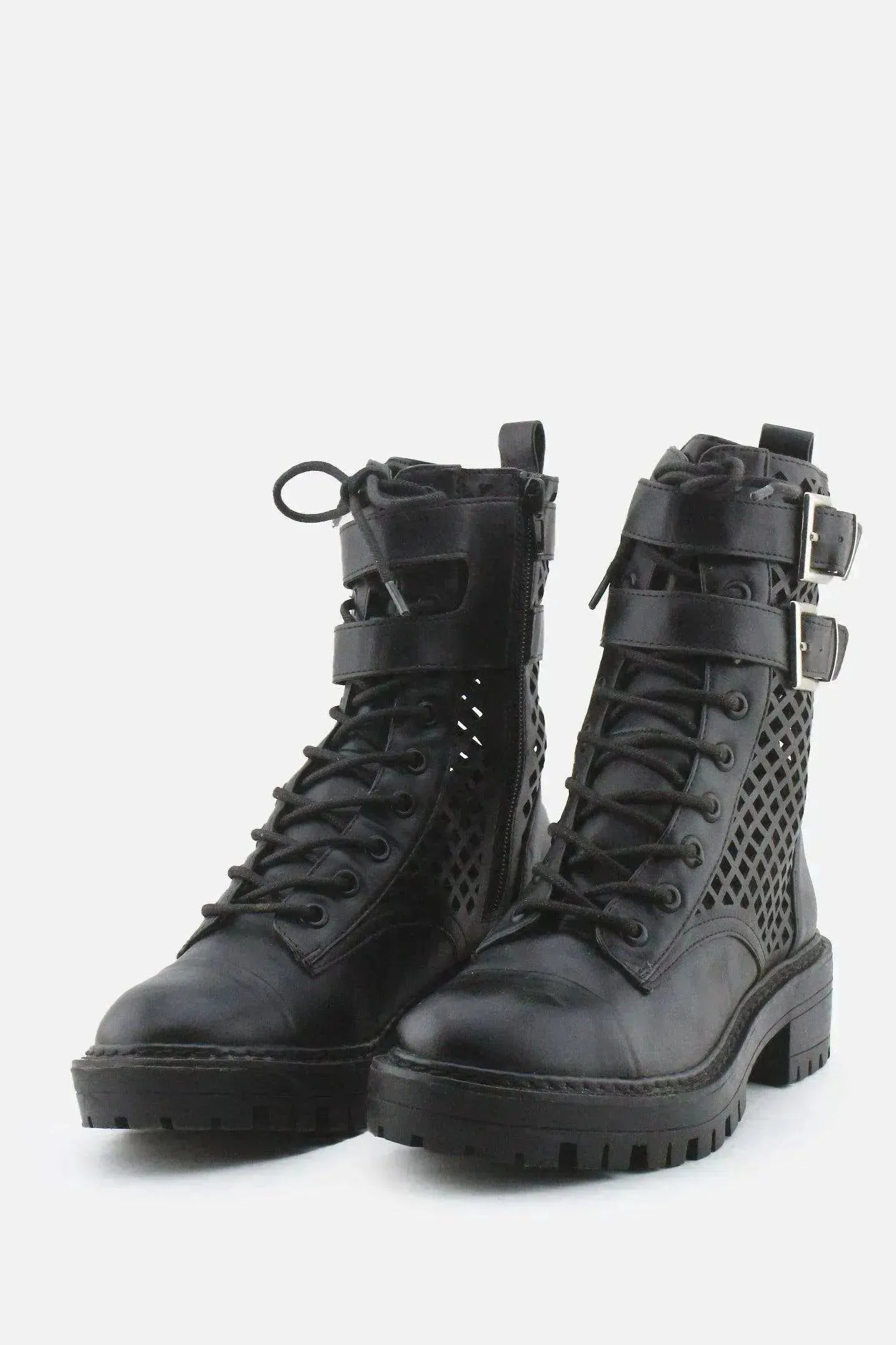 Stradivarius Zipper Laces Buckle Straps Combat Ankle Boots | 100% Authentic Leather - sundaybazar