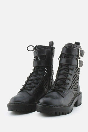 Stradivarius Zipper Laces Buckle Straps Combat Ankle Boots | 100% Authentic Leather - sundaybazar