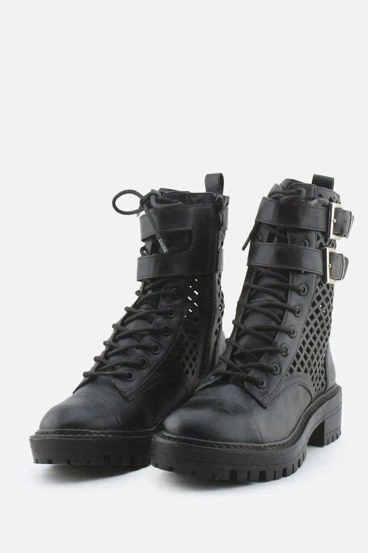 Stradivarius Zipper Laces Buckle Straps Combat Ankle Boots | 100% Authentic Leather - sundaybazar