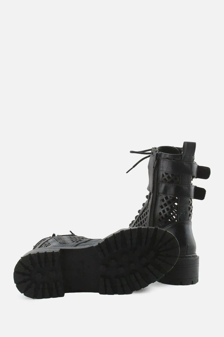 Stradivarius Zipper Laces Buckle Straps Combat Ankle Boots | 100% Authentic Leather - sundaybazar